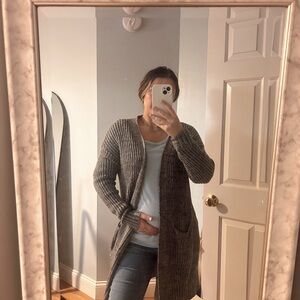 Cozy Long Open-Front Ribbed Cardigan Sweater - Gray